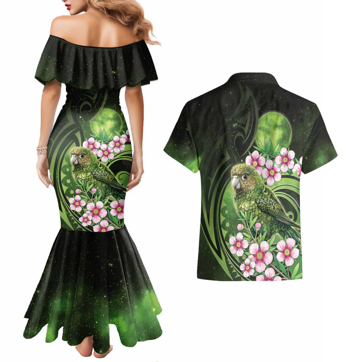 New Zealand Aotearoa Kakapo Couples Matching Mermaid Dress and Hawaiian Shirt Maori Pattern With Manuka Galaxy Style - Polynesian Pride