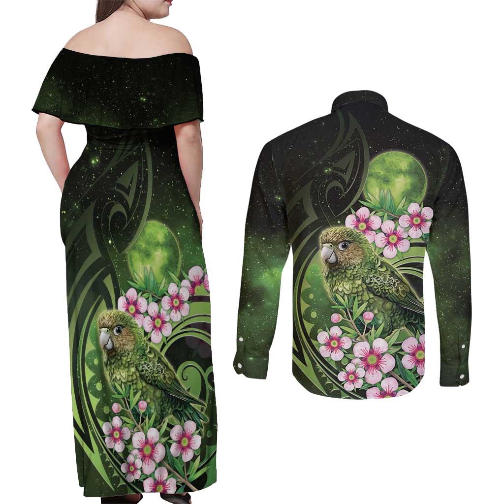 New Zealand Aotearoa Kakapo Couples Matching Off Shoulder Maxi Dress and Long Sleeve Button Shirt Maori Pattern With Manuka Galaxy Style - Polynesian Pride