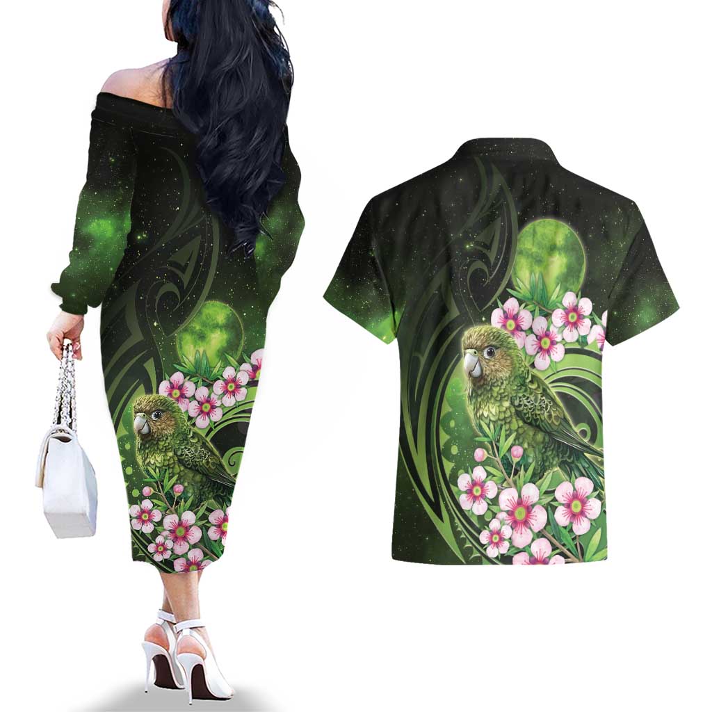 New Zealand Aotearoa Kakapo Couples Matching Off The Shoulder Long Sleeve Dress and Hawaiian Shirt Maori Pattern With Manuka Galaxy Style - Polynesian Pride