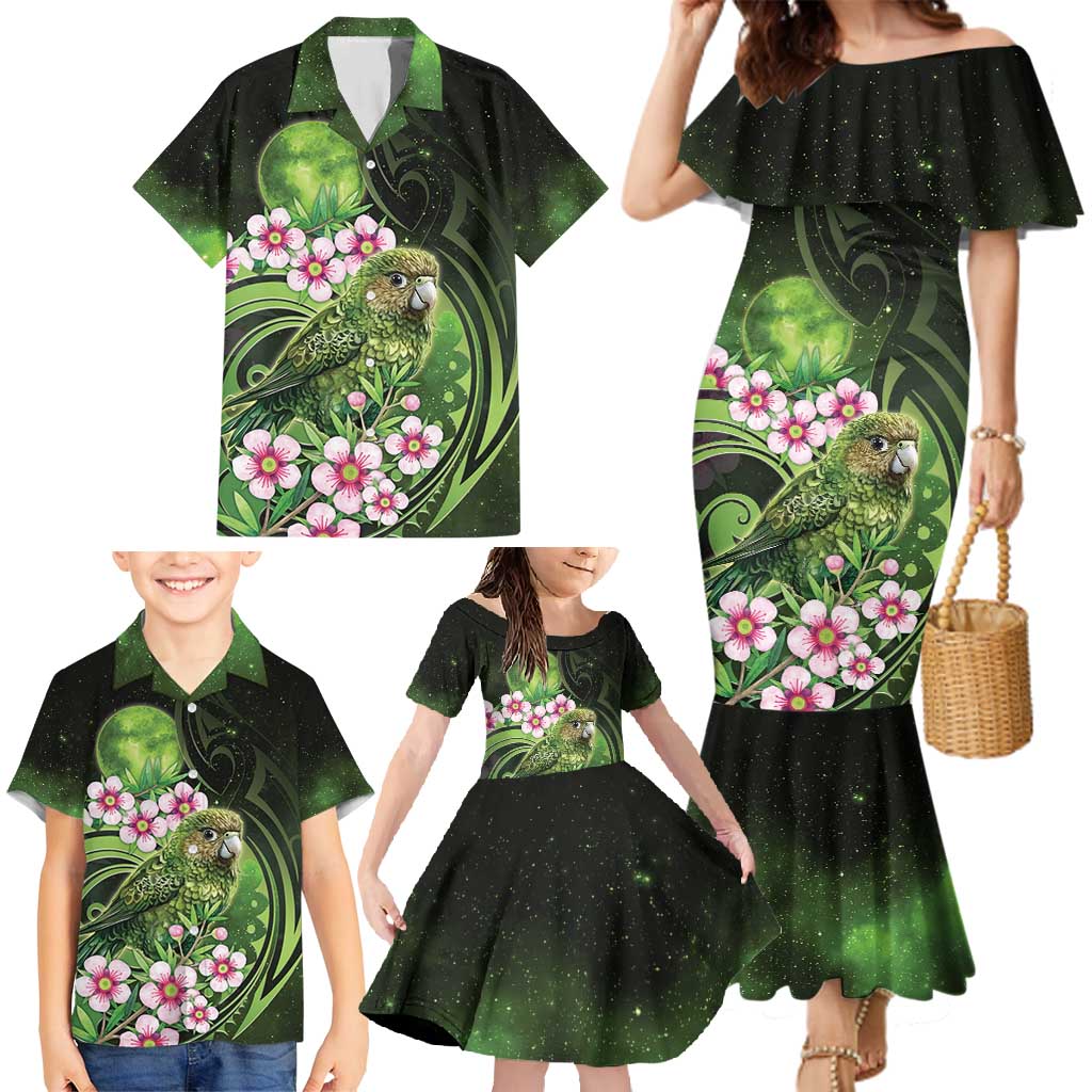 New Zealand Aotearoa Kakapo Family Matching Mermaid Dress and Hawaiian Shirt Maori Pattern With Manuka Galaxy Style - Polynesian Pride