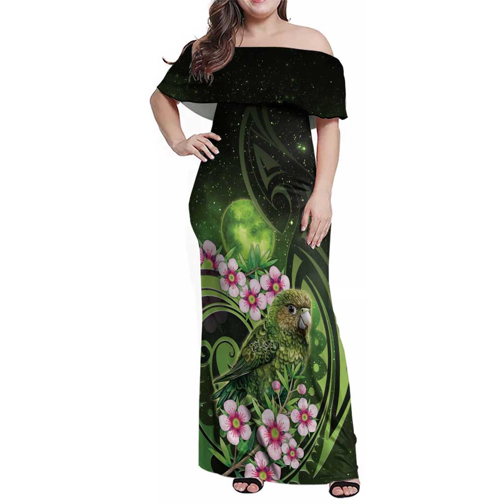 New Zealand Aotearoa Kakapo Family Matching Off Shoulder Maxi Dress and Hawaiian Shirt Maori Pattern With Manuka Galaxy Style - Polynesian Pride