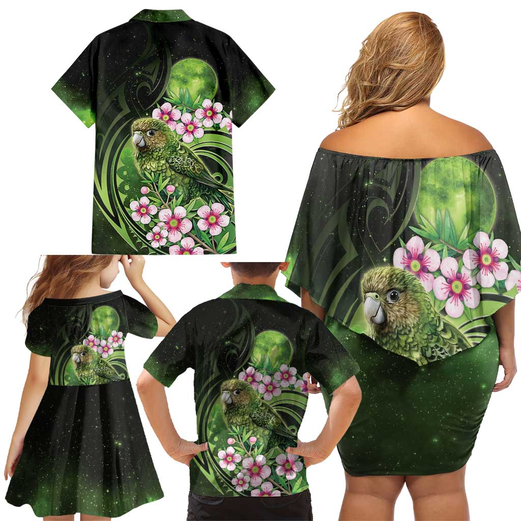 New Zealand Aotearoa Kakapo Family Matching Off Shoulder Short Dress and Hawaiian Shirt Maori Pattern With Manuka Galaxy Style - Polynesian Pride