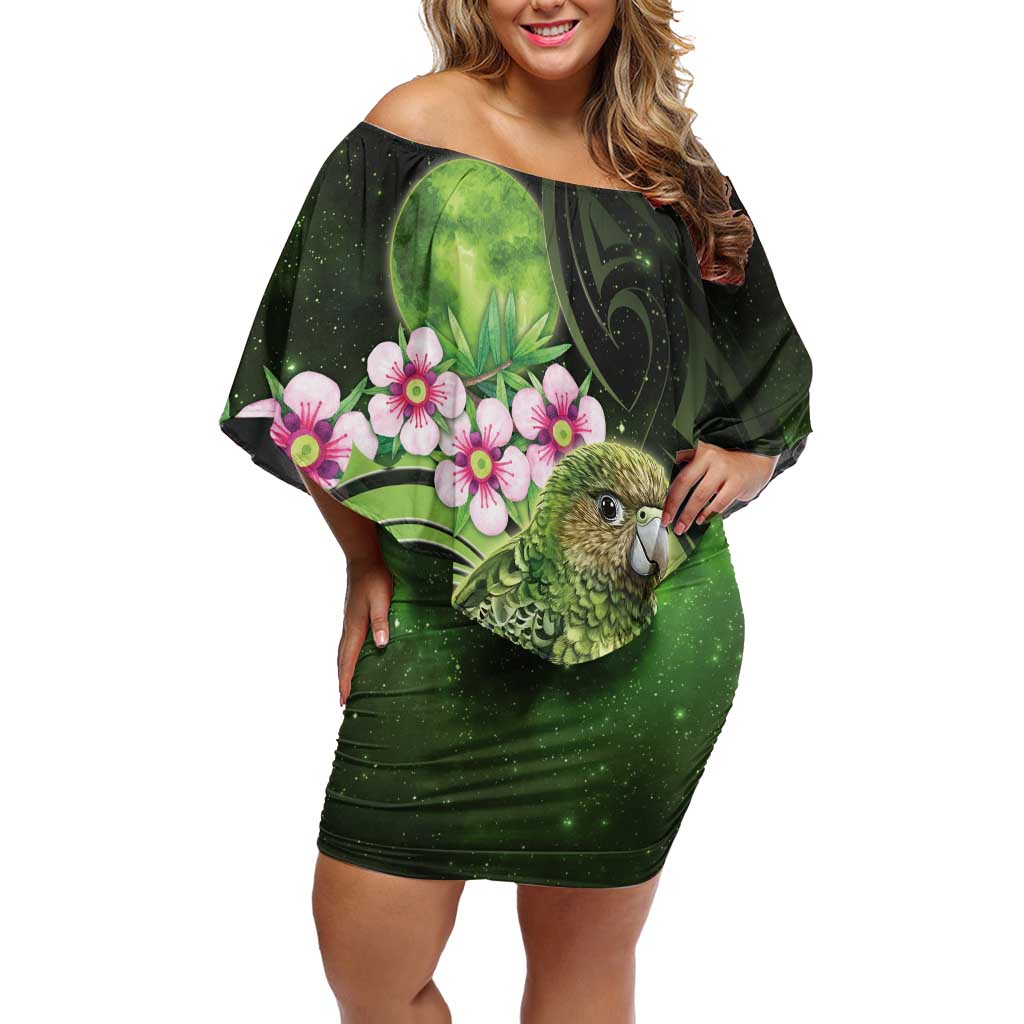 New Zealand Aotearoa Kakapo Family Matching Off Shoulder Short Dress and Hawaiian Shirt Maori Pattern With Manuka Galaxy Style - Polynesian Pride