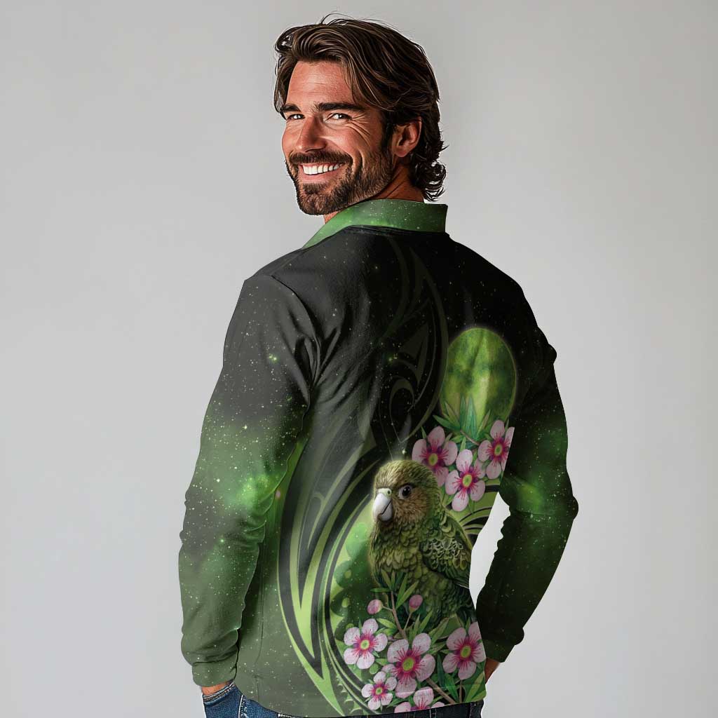 New Zealand Aotearoa Kakapo Long Sleeve Polo Shirt Maori Pattern With Manuka Galaxy Style - Polynesian Pride