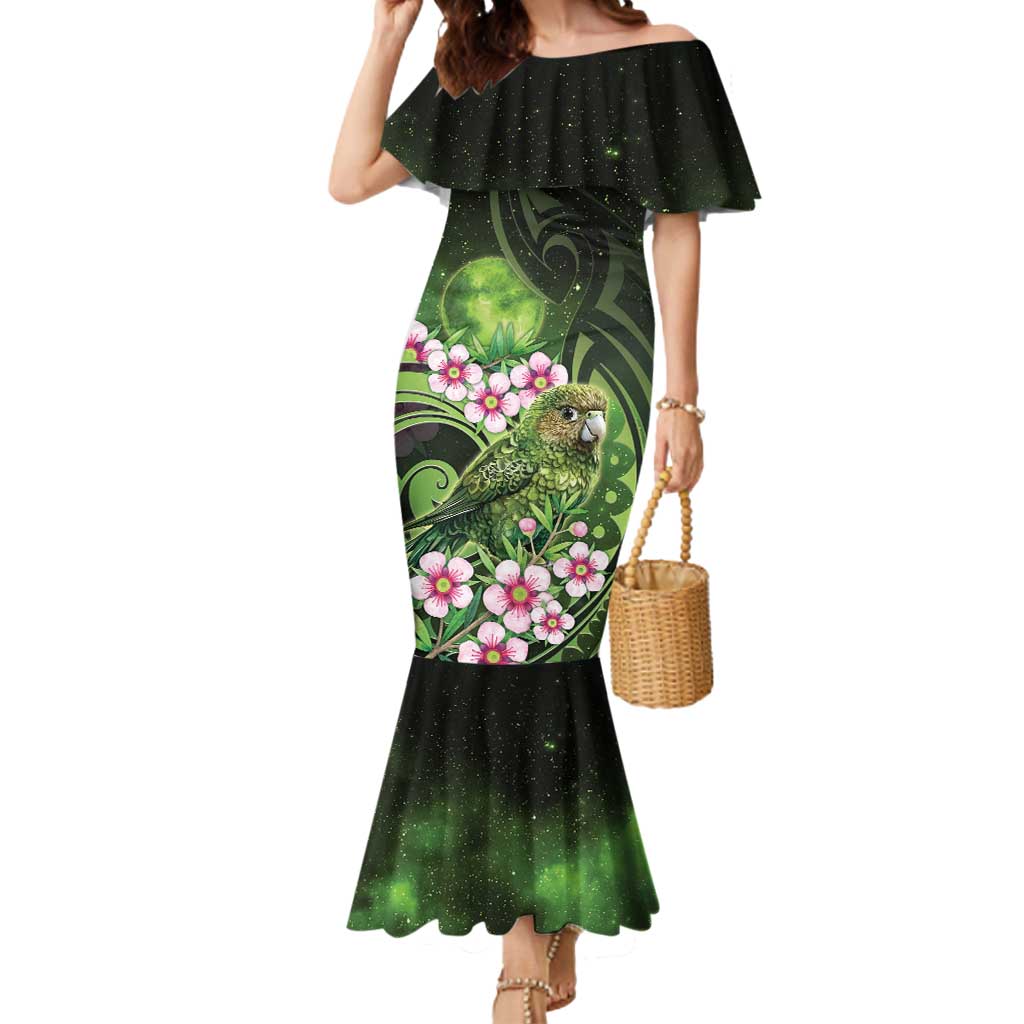 New Zealand Aotearoa Kakapo Mermaid Dress Maori Pattern With Manuka Galaxy Style - Polynesian Pride