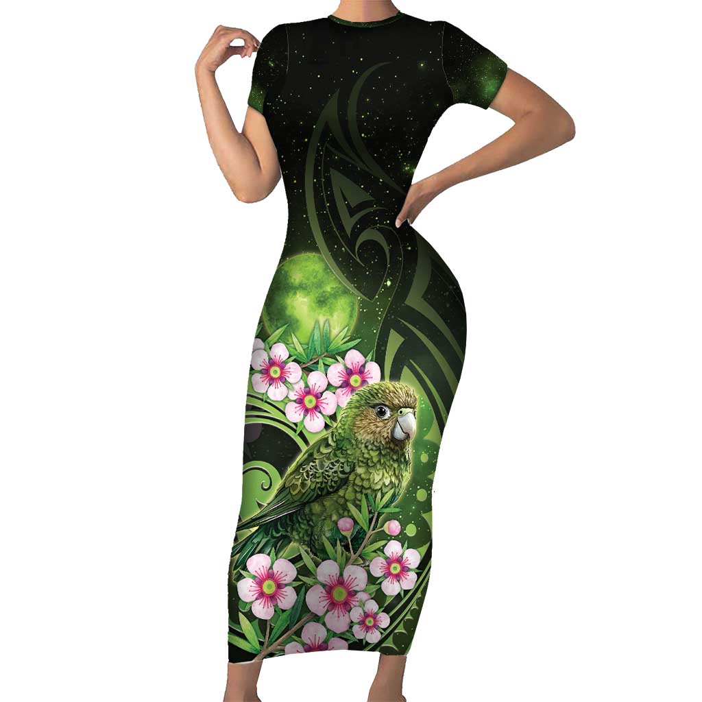 New Zealand Aotearoa Kakapo Short Sleeve Bodycon Dress Maori Pattern With Manuka Galaxy Style - Polynesian Pride