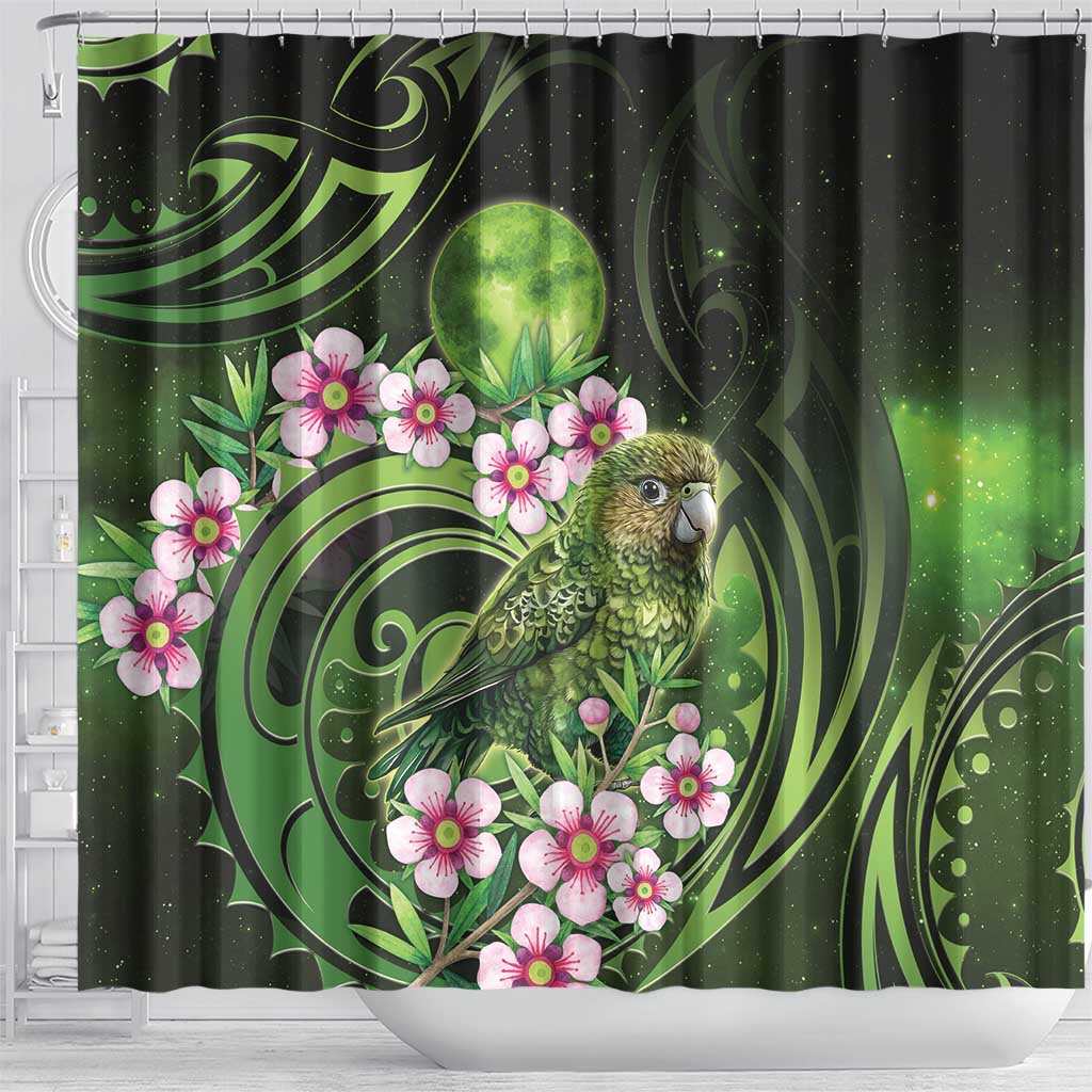 New Zealand Aotearoa Kakapo Shower Curtain Maori Pattern With Manuka Galaxy Style - Polynesian Pride