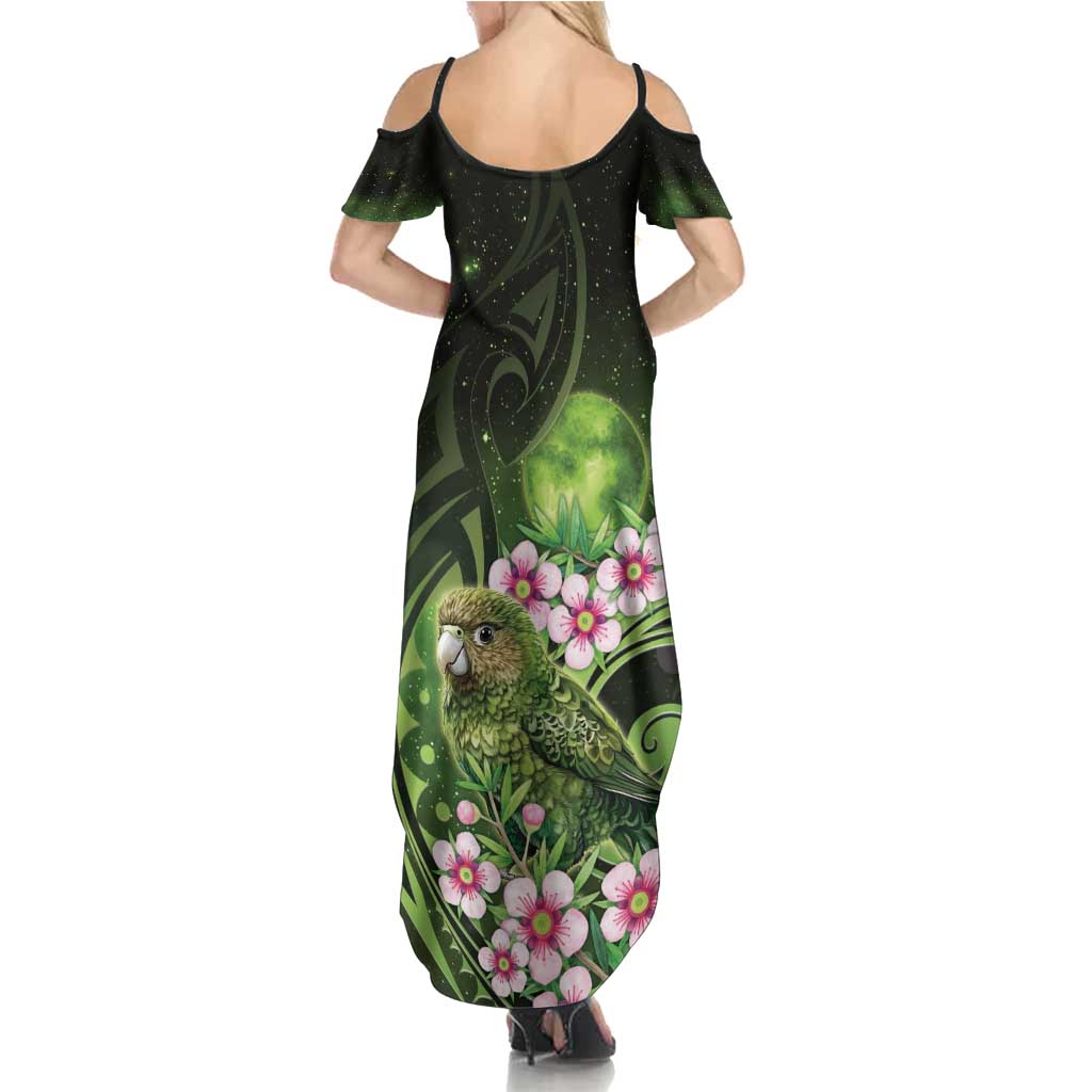 New Zealand Aotearoa Kakapo Summer Maxi Dress Maori Pattern With Manuka Galaxy Style - Polynesian Pride