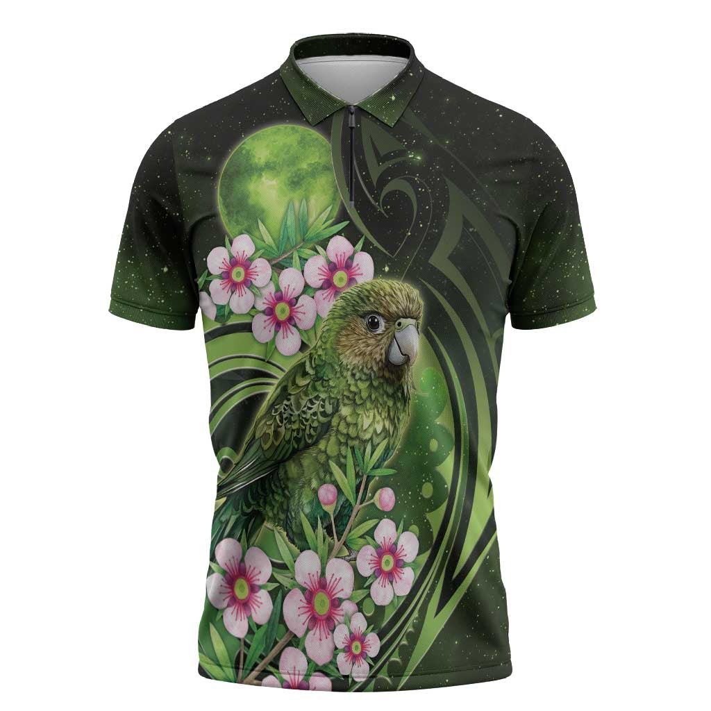 New Zealand Aotearoa Kakapo Zipper Polo Shirt Maori Pattern With Manuka Galaxy Style - Polynesian Pride