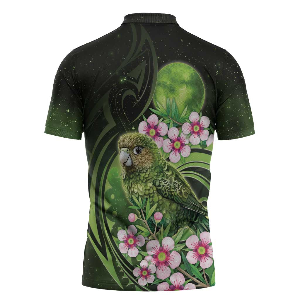 New Zealand Aotearoa Kakapo Zipper Polo Shirt Maori Pattern With Manuka Galaxy Style - Polynesian Pride