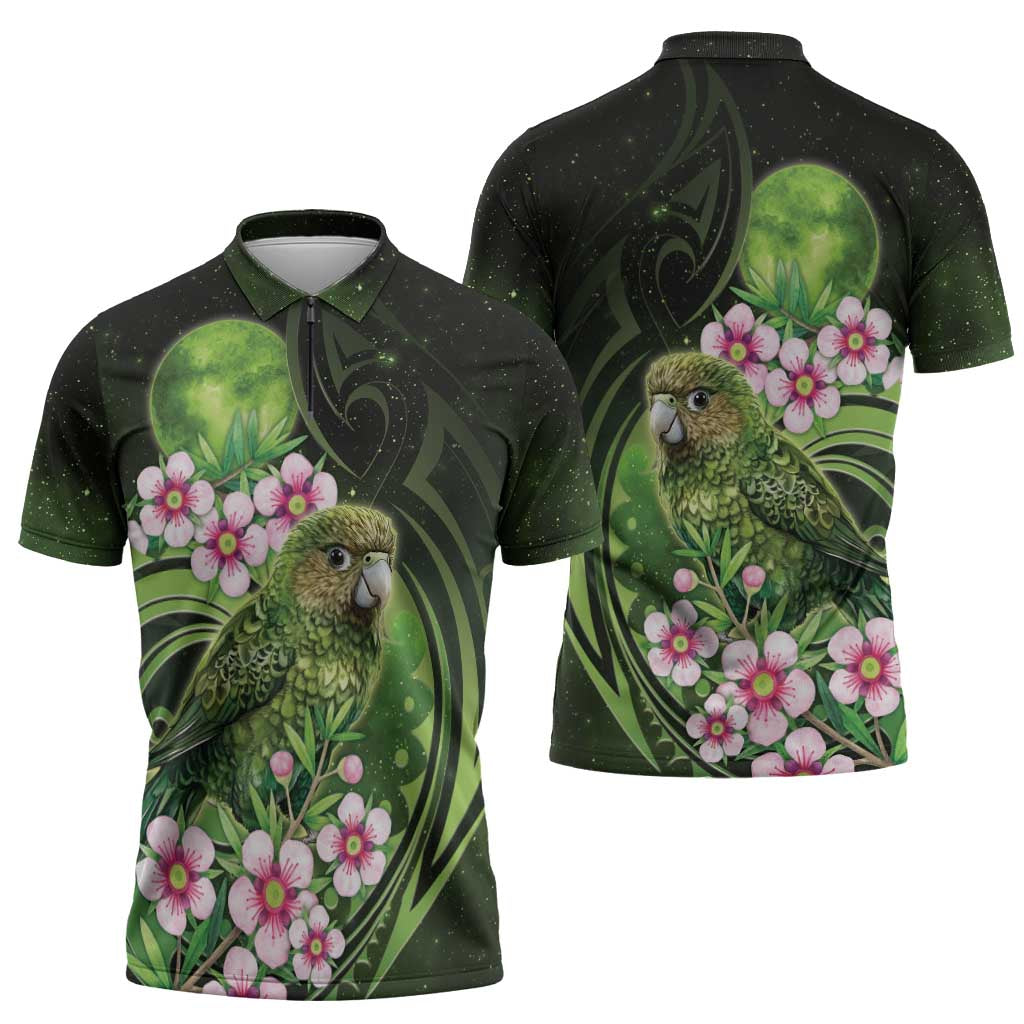 New Zealand Aotearoa Kakapo Zipper Polo Shirt Maori Pattern With Manuka Galaxy Style - Polynesian Pride