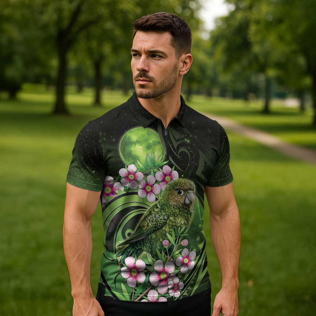 New Zealand Aotearoa Kakapo Zipper Polo Shirt Maori Pattern With Manuka Galaxy Style - Polynesian Pride