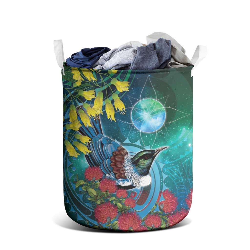 New Zealand Tui Bird Laundry Basket Maori Koru With Pohutukawa Galaxy Style - Polynesian Pride