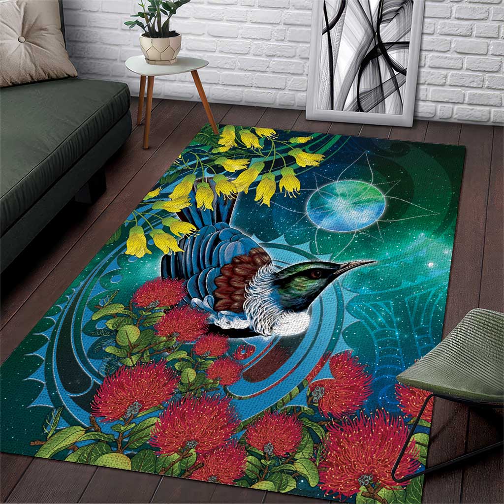 New Zealand Tui Bird Area Rug Maori Koru With Pohutukawa Galaxy Style - Polynesian Pride