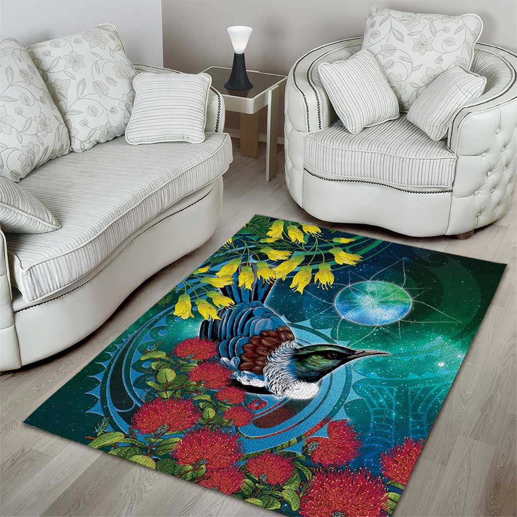 New Zealand Tui Bird Area Rug Maori Koru With Pohutukawa Galaxy Style - Polynesian Pride