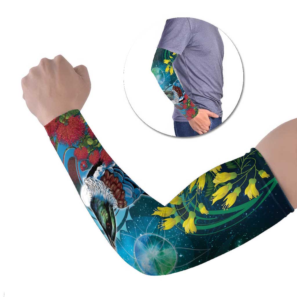 New Zealand Tui Bird Arm Sleeves Maori Koru With Pohutukawa Galaxy Style - Polynesian Pride