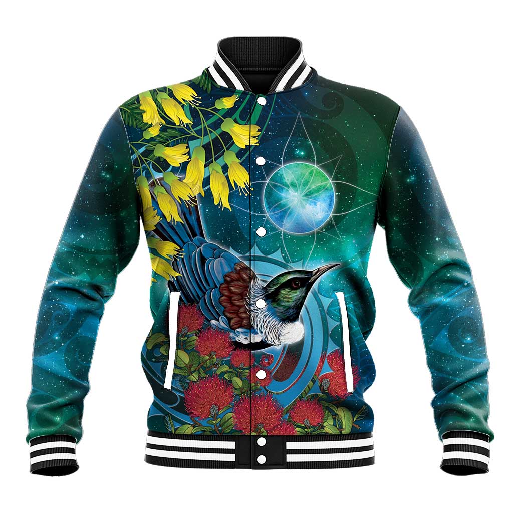 New Zealand Tui Bird Baseball Jacket Maori Koru With Pohutukawa Galaxy Style - Polynesian Pride