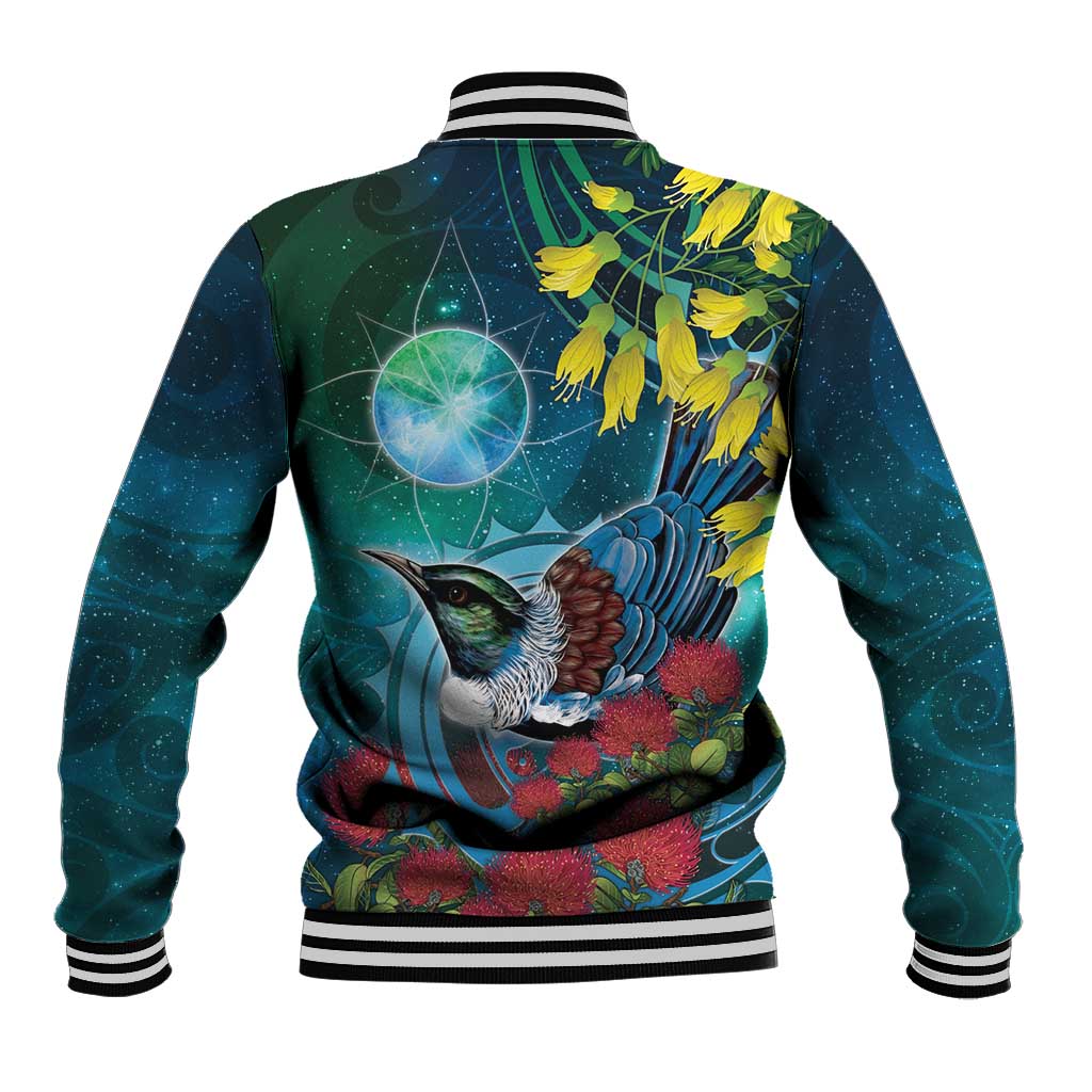 New Zealand Tui Bird Baseball Jacket Maori Koru With Pohutukawa Galaxy Style - Polynesian Pride