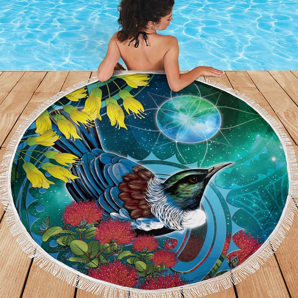 New Zealand Tui Bird Beach Blanket Maori Koru With Pohutukawa Galaxy Style - Polynesian Pride