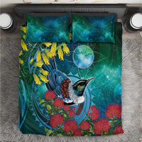 New Zealand Tui Bird Bedding Set Maori Koru With Pohutukawa Galaxy Style - Polynesian Pride