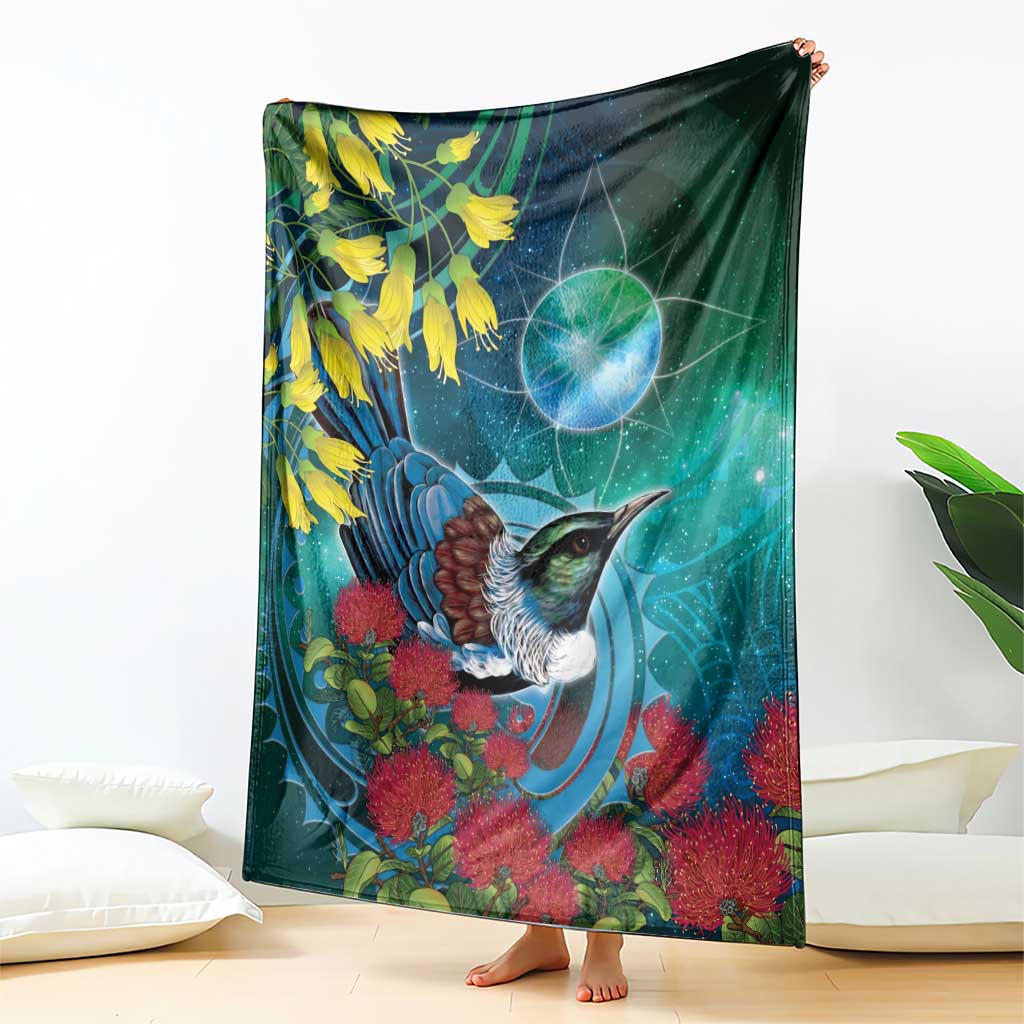 New Zealand Tui Bird Blanket Maori Koru With Pohutukawa Galaxy Style - Polynesian Pride