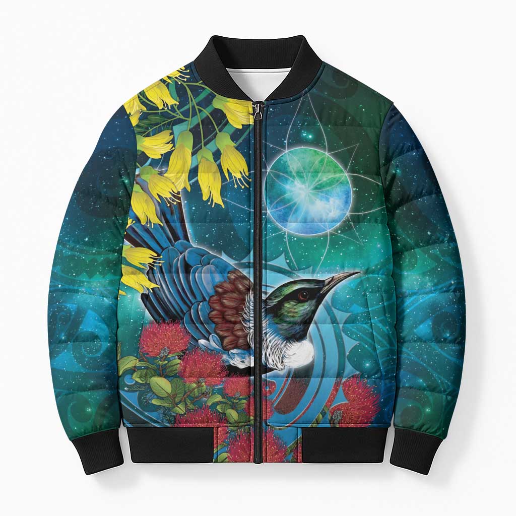 New Zealand Tui Bird Bomber Puffer Jacket Maori Koru With Pohutukawa Galaxy Style - Polynesian Pride