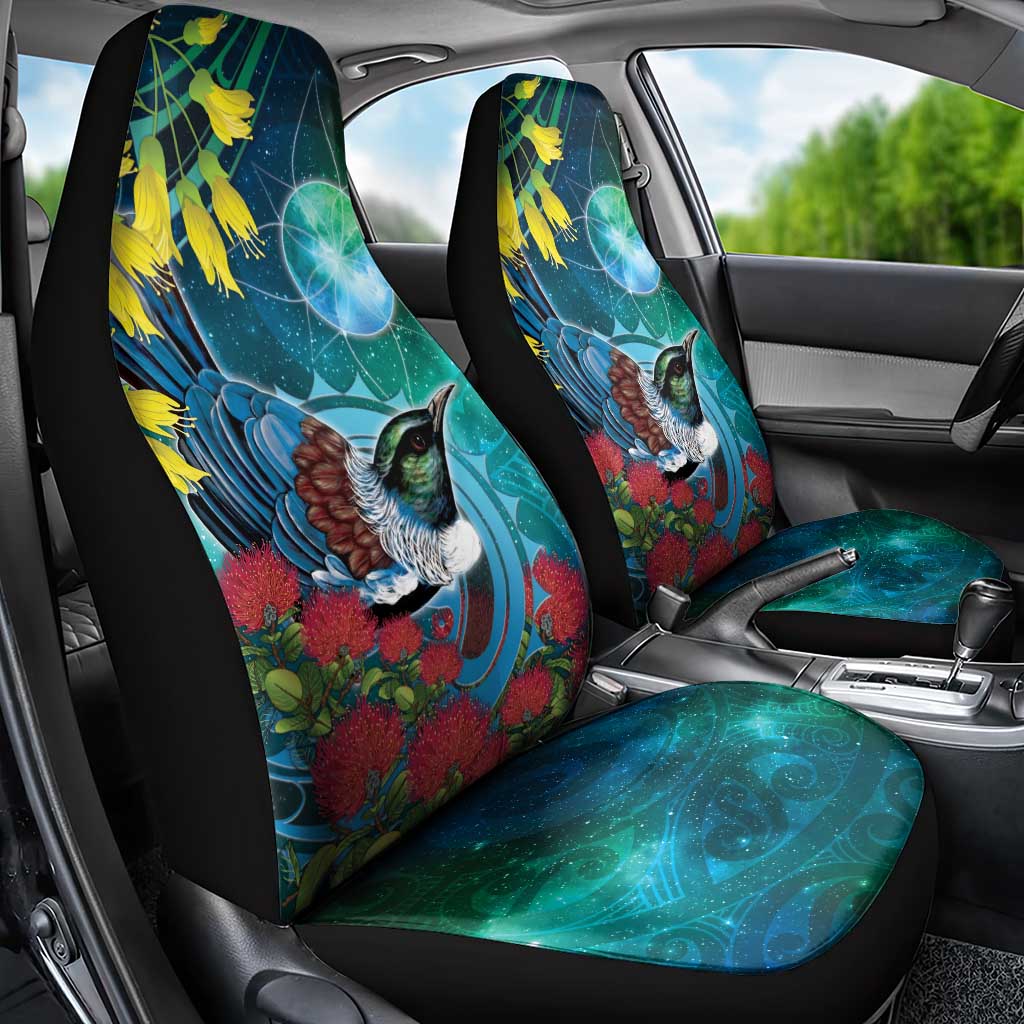 New Zealand Tui Bird Car Seat Cover Maori Koru With Pohutukawa Galaxy Style - Polynesian Pride