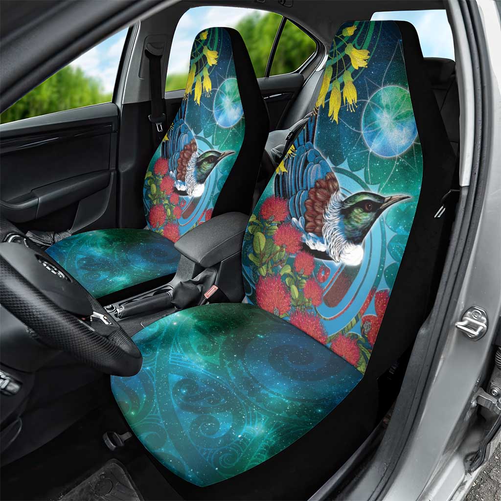 New Zealand Tui Bird Car Seat Cover Maori Koru With Pohutukawa Galaxy Style - Polynesian Pride
