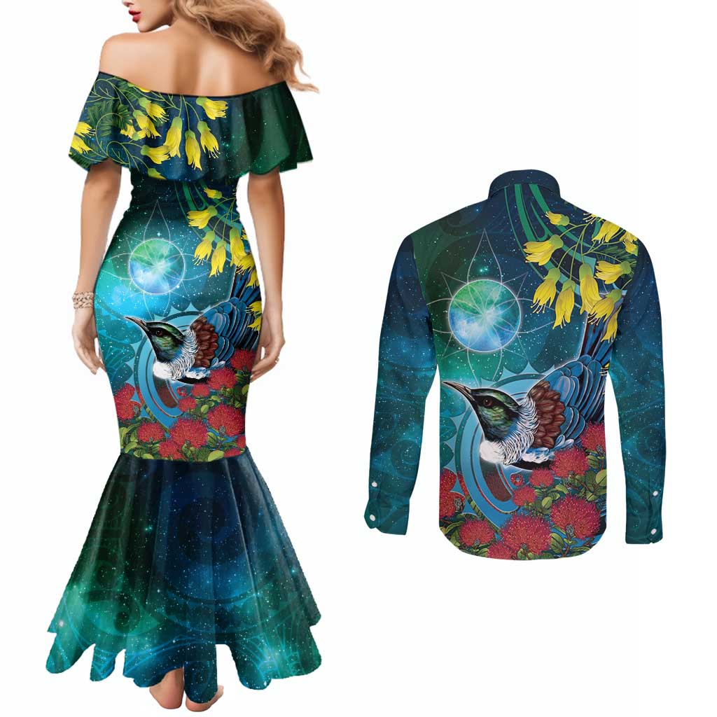 New Zealand Tui Bird Couples Matching Mermaid Dress and Long Sleeve Button Shirt Maori Koru With Pohutukawa Galaxy Style - Polynesian Pride