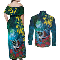 New Zealand Tui Bird Couples Matching Off Shoulder Maxi Dress and Long Sleeve Button Shirt Maori Koru With Pohutukawa Galaxy Style - Polynesian Pride