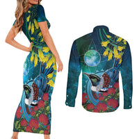 New Zealand Tui Bird Couples Matching Short Sleeve Bodycon Dress and Long Sleeve Button Shirt Maori Koru With Pohutukawa Galaxy Style - Polynesian Pride