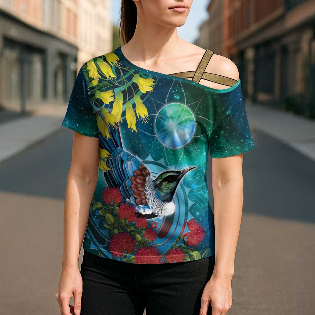 New Zealand Tui Bird Cross Shoulder Shirt Maori Koru With Pohutukawa Galaxy Style - Polynesian Pride