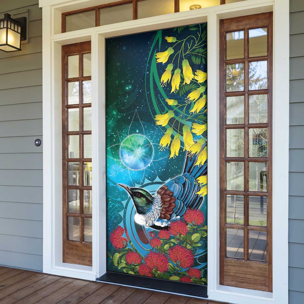 New Zealand Tui Bird Door Cover Maori Koru With Pohutukawa Galaxy Style - Polynesian Pride