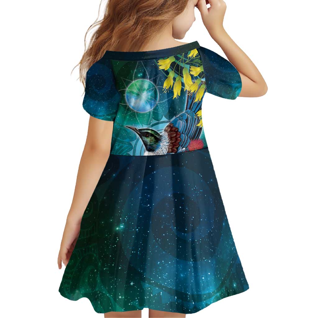 New Zealand Tui Bird Family Matching Off Shoulder Short Dress and Hawaiian Shirt Maori Koru With Pohutukawa Galaxy Style - Polynesian Pride