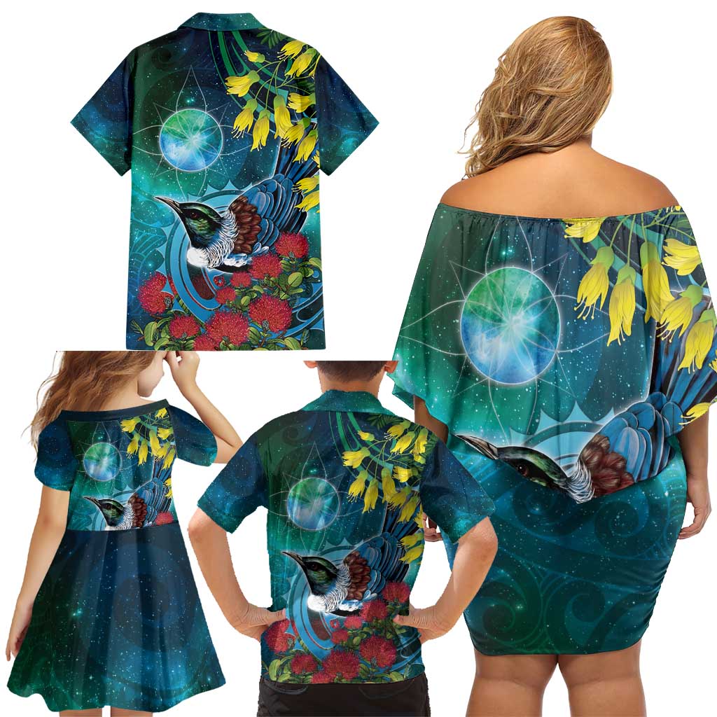 New Zealand Tui Bird Family Matching Off Shoulder Short Dress and Hawaiian Shirt Maori Koru With Pohutukawa Galaxy Style - Polynesian Pride