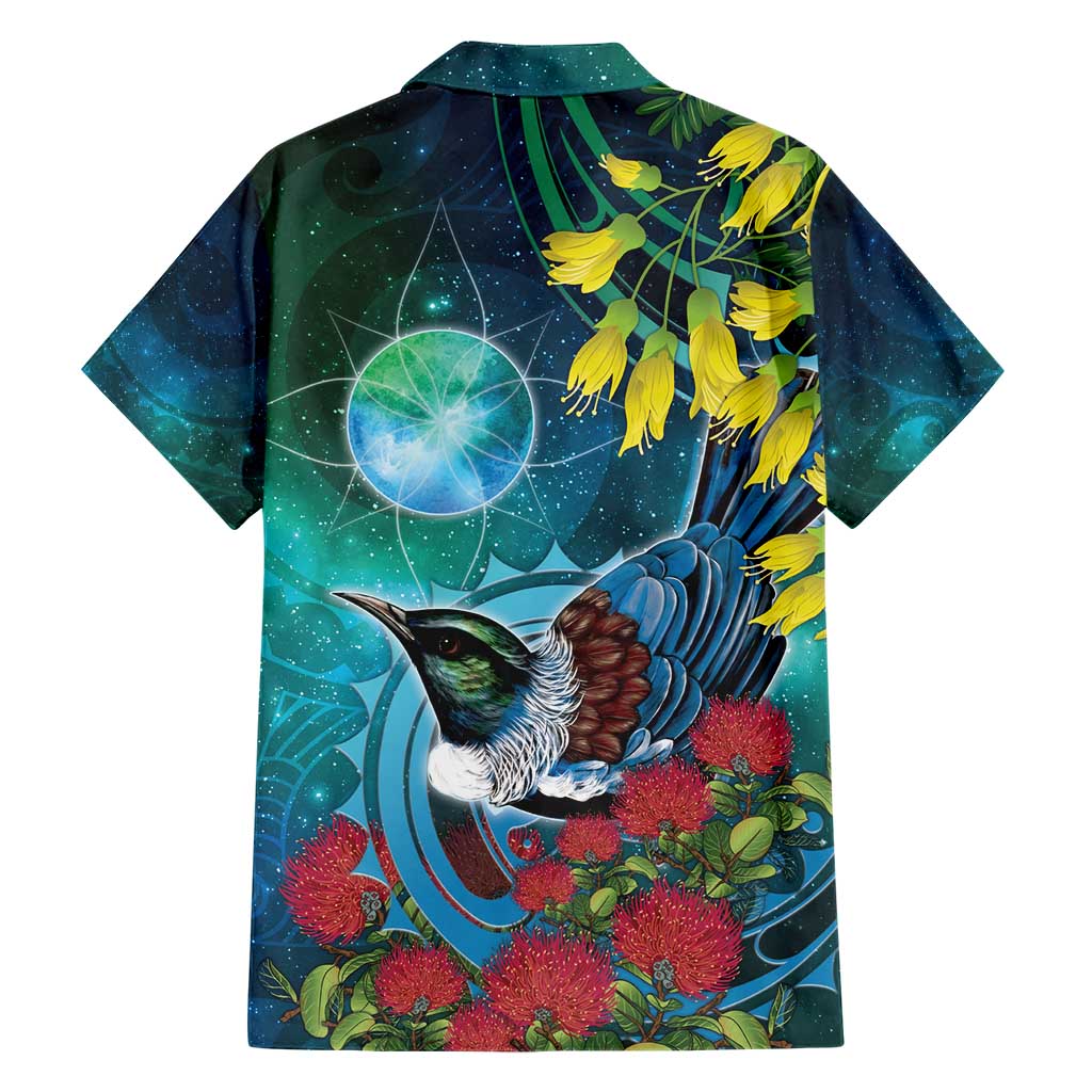 New Zealand Tui Bird Family Matching Short Sleeve Bodycon Dress and Hawaiian Shirt Maori Koru With Pohutukawa Galaxy Style - Polynesian Pride