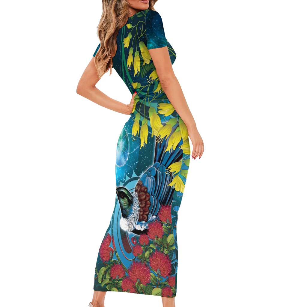 New Zealand Tui Bird Family Matching Short Sleeve Bodycon Dress and Hawaiian Shirt Maori Koru With Pohutukawa Galaxy Style - Polynesian Pride