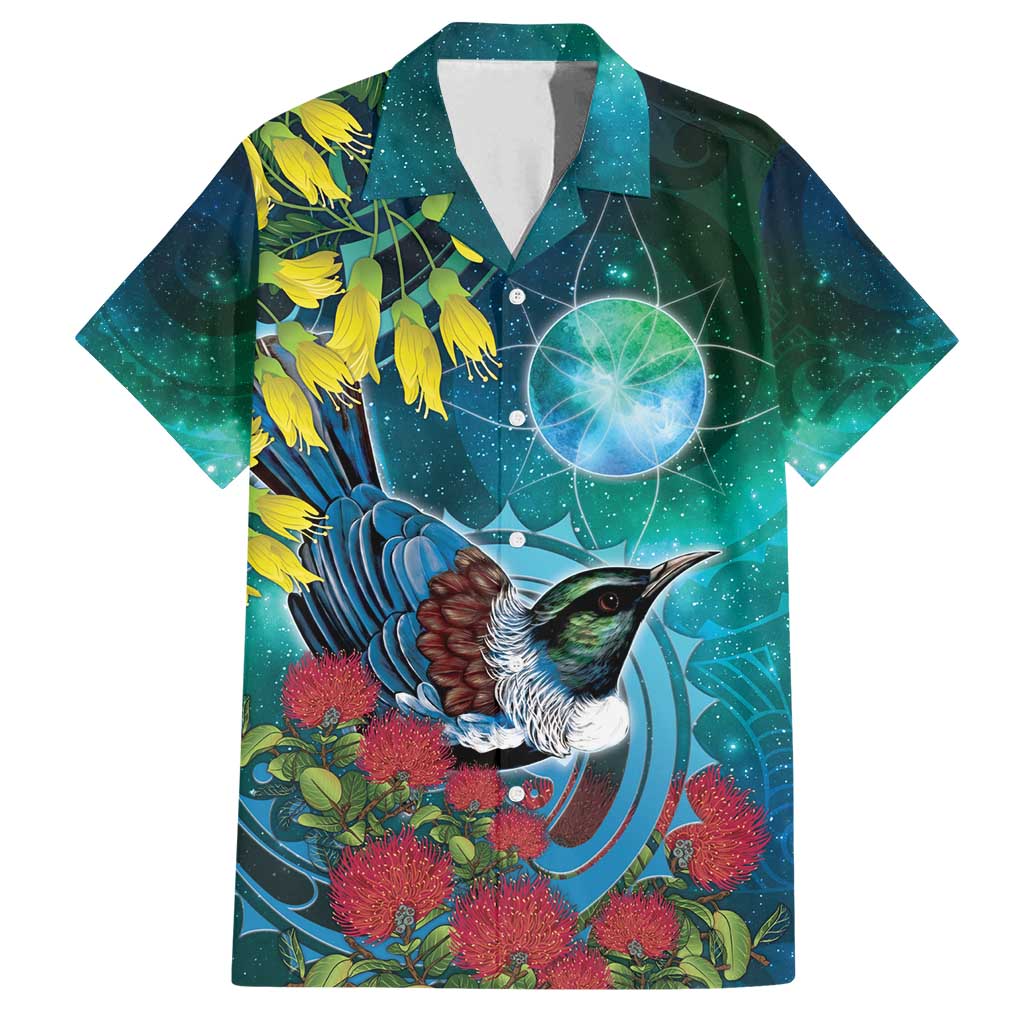 New Zealand Tui Bird Family Matching Tank Maxi Dress and Hawaiian Shirt Maori Koru With Pohutukawa Galaxy Style - Polynesian Pride