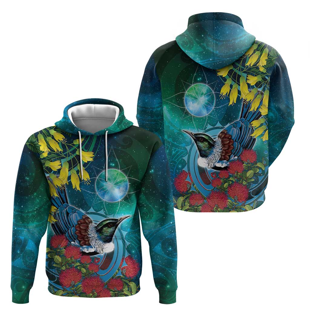New Zealand Tui Bird Hoodie Maori Koru With Pohutukawa Galaxy Style - Polynesian Pride