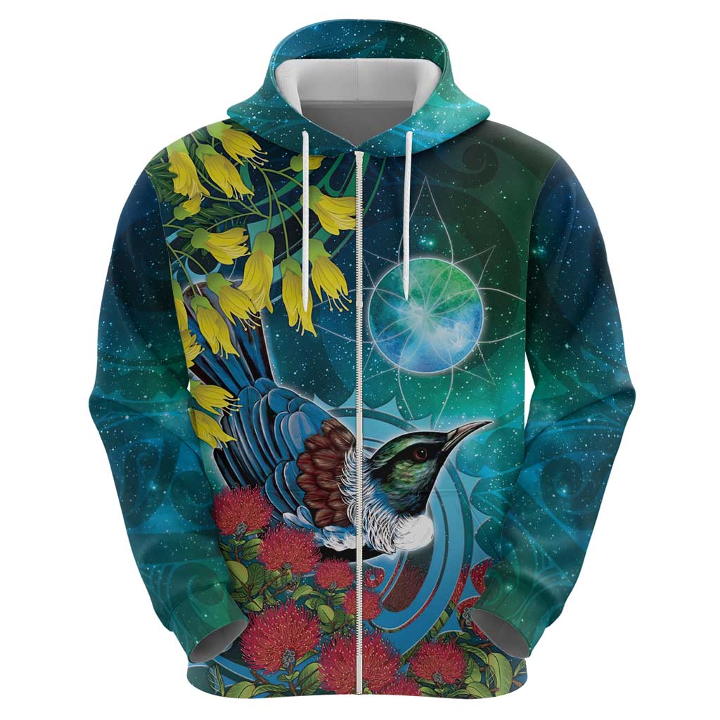 New Zealand Tui Bird Hoodie Maori Koru With Pohutukawa Galaxy Style - Polynesian Pride