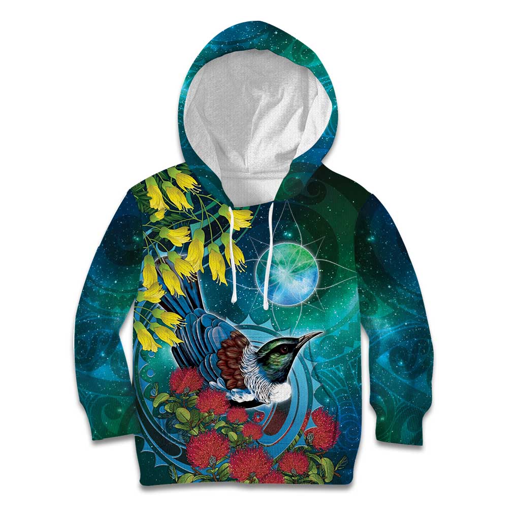 New Zealand Tui Bird Kid Hoodie Maori Koru With Pohutukawa Galaxy Style - Polynesian Pride