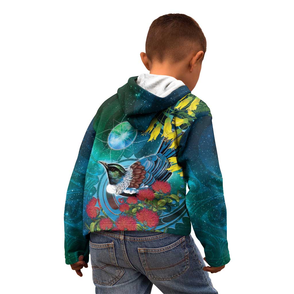 New Zealand Tui Bird Kid Hoodie Maori Koru With Pohutukawa Galaxy Style - Polynesian Pride