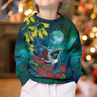 New Zealand Tui Bird Kid Ugly Christmas Sweater Maori Koru With Pohutukawa Galaxy Style - Polynesian Pride