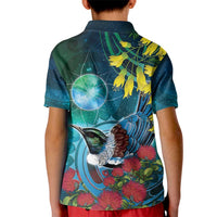 New Zealand Tui Bird Kid Polo Shirt Maori Koru With Pohutukawa Galaxy Style - Polynesian Pride