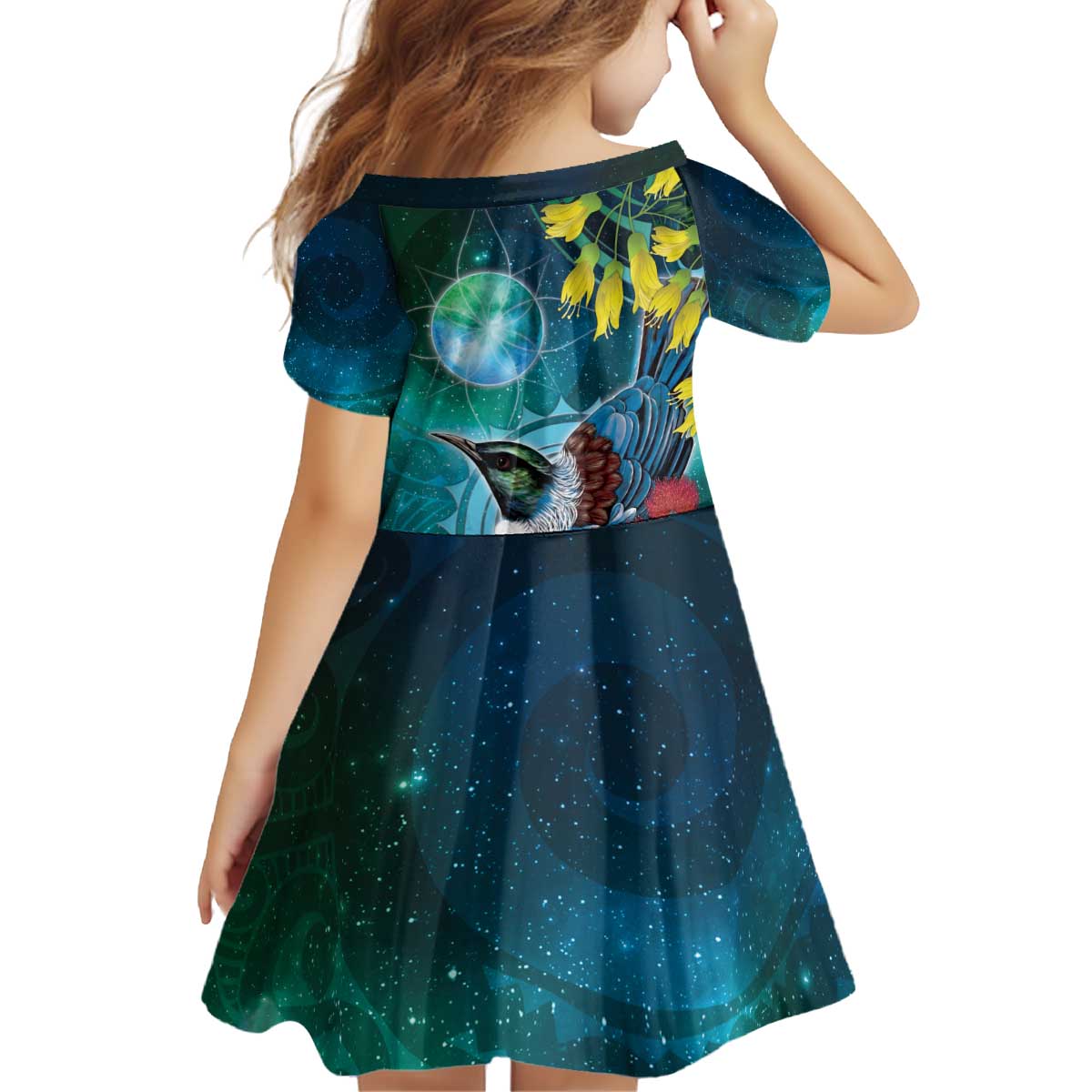 New Zealand Tui Bird Kid Short Sleeve Dress Maori Koru With Pohutukawa Galaxy Style - Polynesian Pride