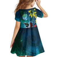 New Zealand Tui Bird Kid Short Sleeve Dress Maori Koru With Pohutukawa Galaxy Style - Polynesian Pride