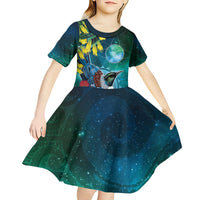 New Zealand Tui Bird Kid Short Sleeve Dress Maori Koru With Pohutukawa Galaxy Style - Polynesian Pride