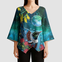 New Zealand Tui Bird Kimono Sleeve Blouse Maori Koru With Pohutukawa Galaxy Style - Polynesian Pride