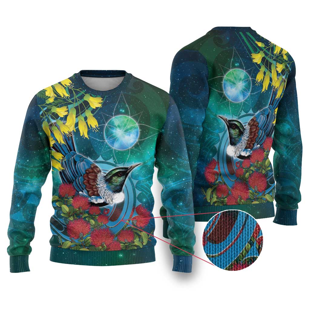 New Zealand Tui Bird Ugly Christmas Sweater Maori Koru With Pohutukawa Galaxy Style - Polynesian Pride