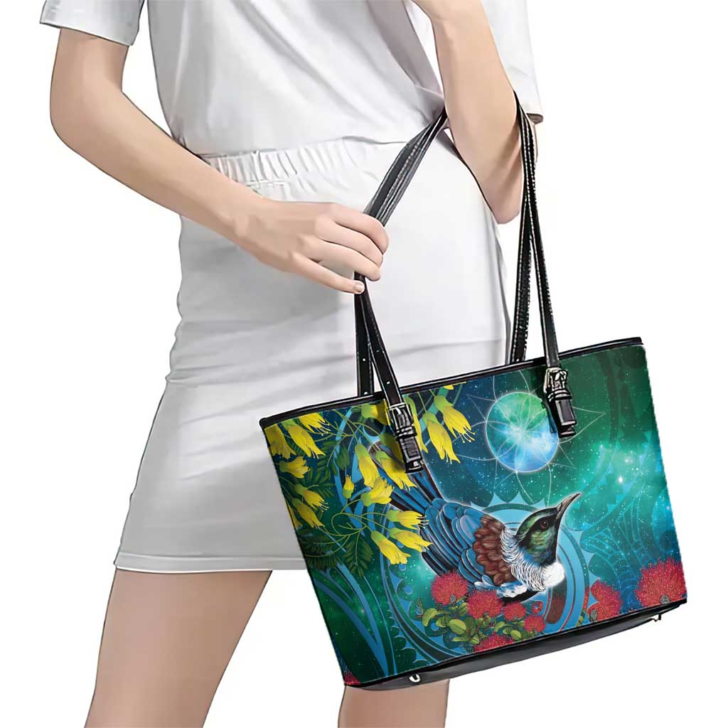 New Zealand Tui Bird Leather Tote Bag Maori Koru With Pohutukawa Galaxy Style - Polynesian Pride